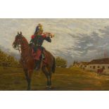 Cavalryman on horseback at a military camp, gilt framed, C19th, oil on canvas, 20" x 16"