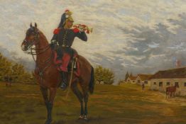 Cavalryman on horseback at a military camp, gilt framed, C19th, oil on canvas, 20" x 16"