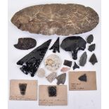 Stone Age and later, a group of knapped flint and obsidian arrow and spear heads and scrapers