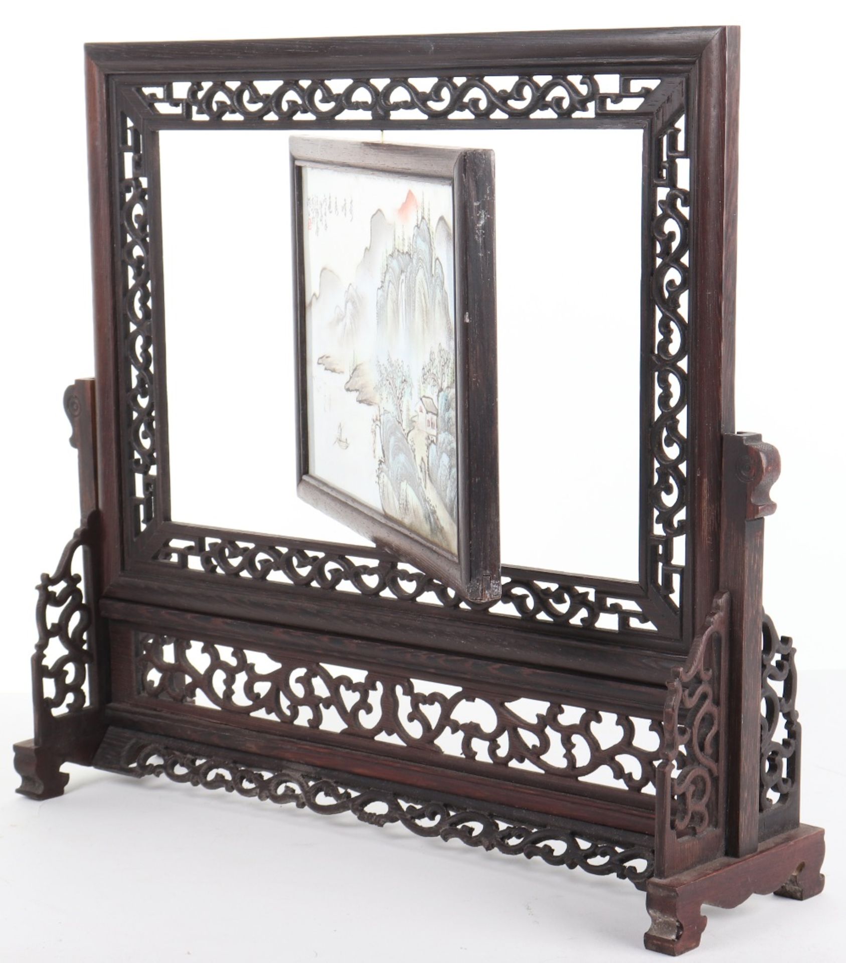 A late 19th/early 20th century Chinese porcelain handpainted table screen, on hardwood mount - Image 3 of 8