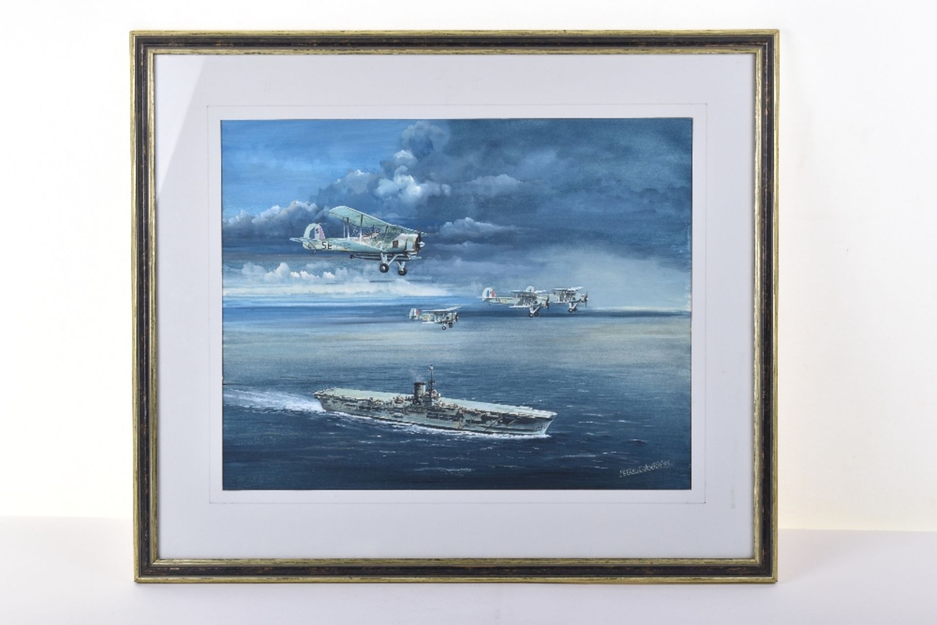 Peter E Newton, watercolour, Swordfish squadron over HMS Ark Royal