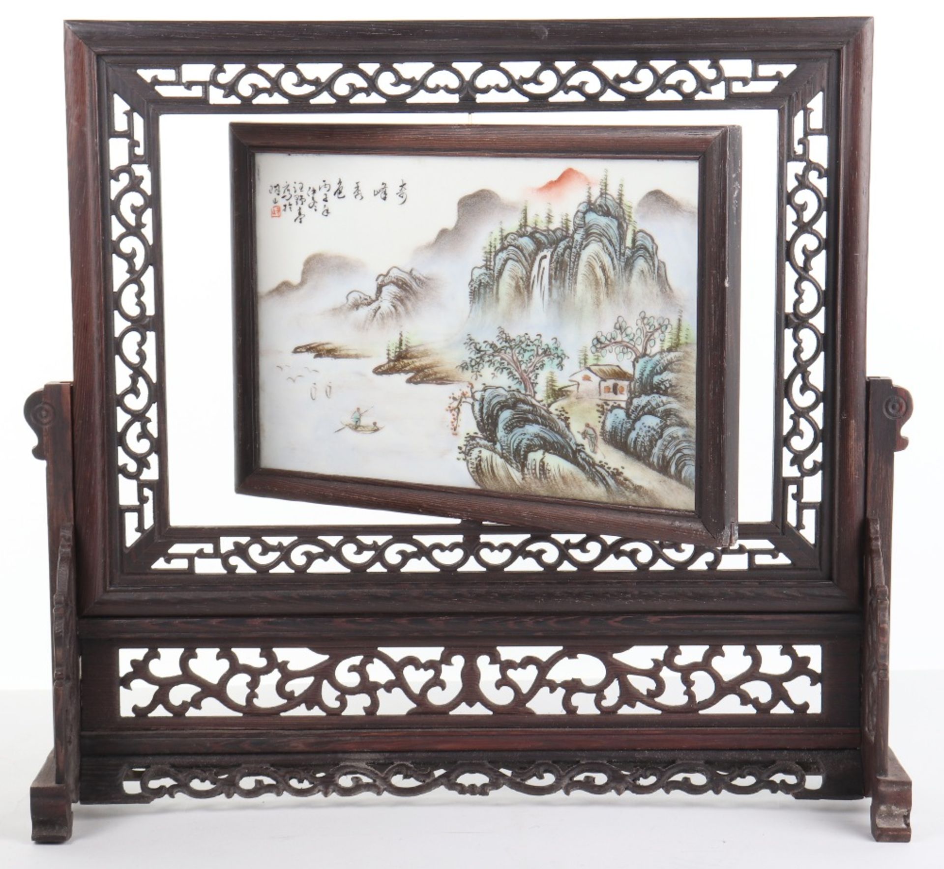 A late 19th/early 20th century Chinese porcelain handpainted table screen, on hardwood mount - Image 2 of 8