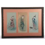 An unusual Edwardian watercolour and stamp set triptych