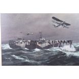 R Siger, watercolour, Swordfish squadron flying around HMS Ark Royal