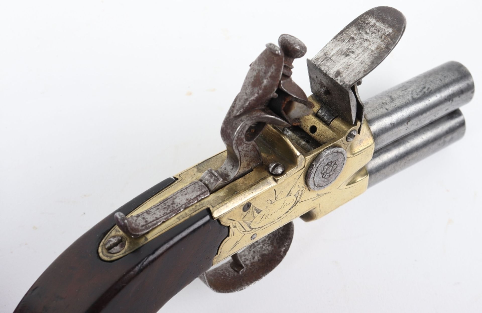 Over and Under Brass Frame Flintlock Boxlock Pocket Pistol - Image 5 of 9