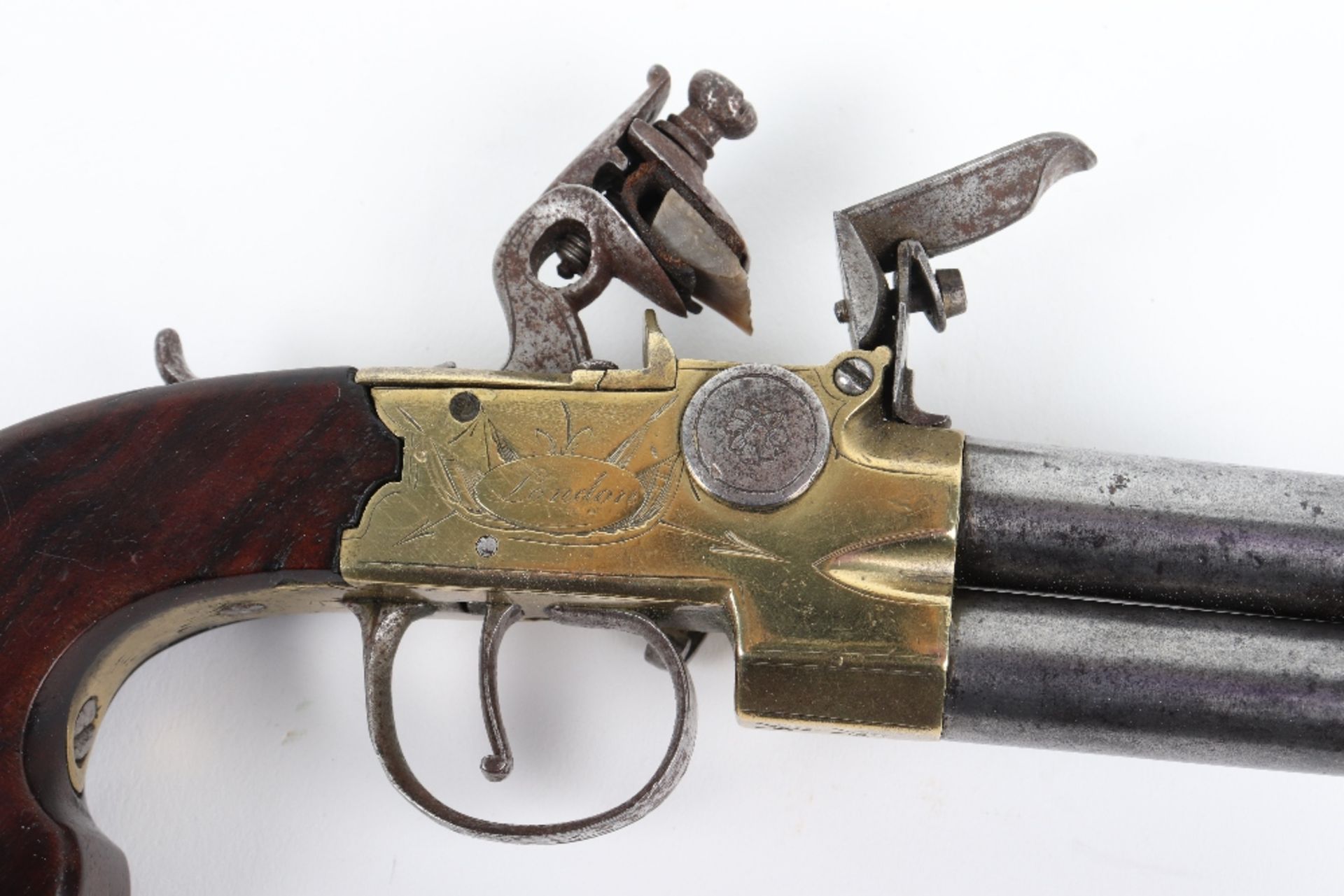 Over and Under Brass Frame Flintlock Boxlock Pocket Pistol - Image 2 of 9