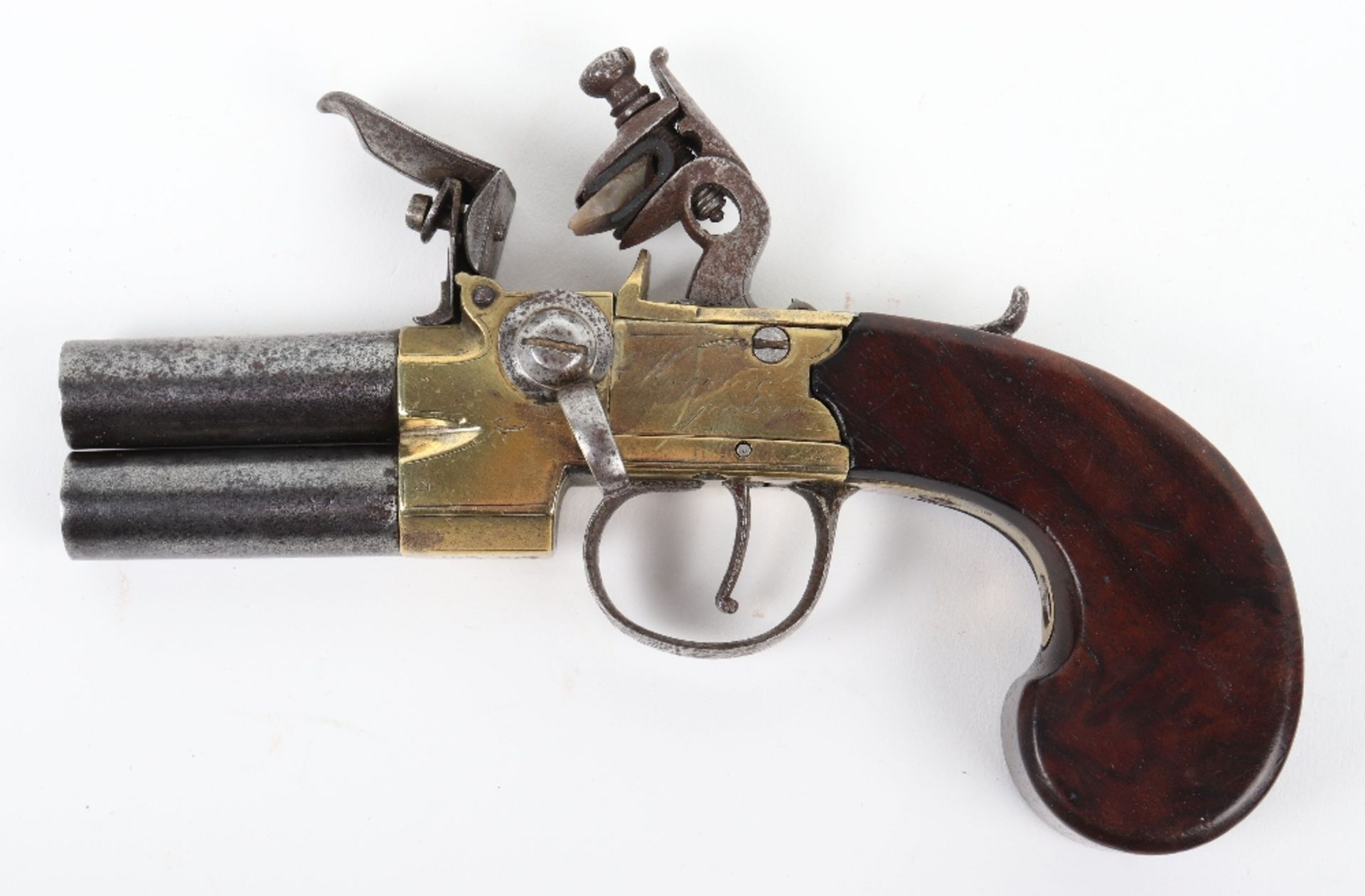 Over and Under Brass Frame Flintlock Boxlock Pocket Pistol - Image 7 of 9