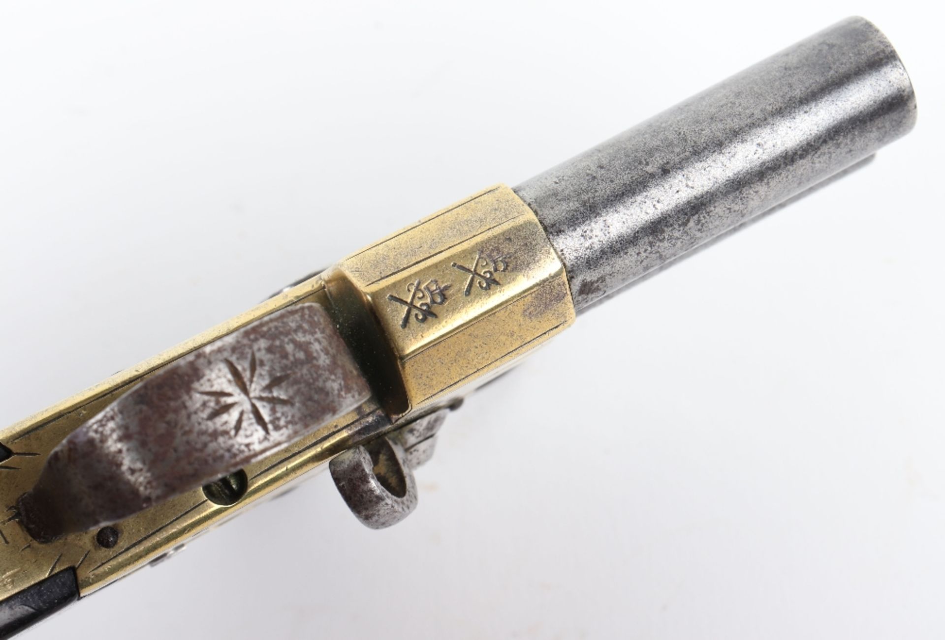 Over and Under Brass Frame Flintlock Boxlock Pocket Pistol - Image 4 of 9