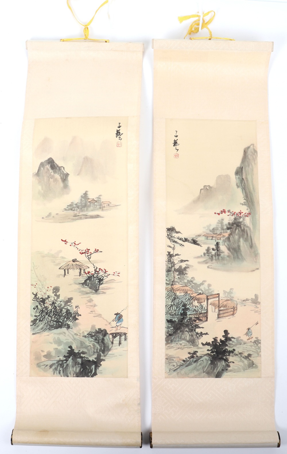 Two Chinese hand painted watercolour on hanging scrolls