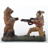 J.E Stevens Indian Shooting Bear cast iron mechanical Bank,