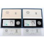 Two 1990 Royal Mint Silver Proof £5 Crown set with ‘New’ £5 banknote