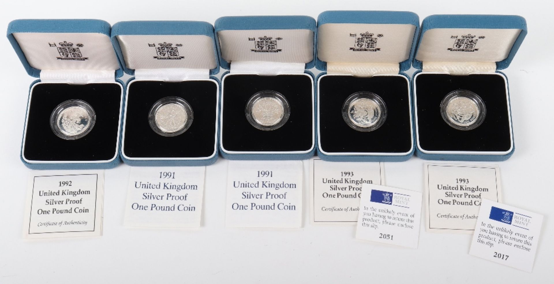 Five UK Silver Proof £1 (one pound) coins