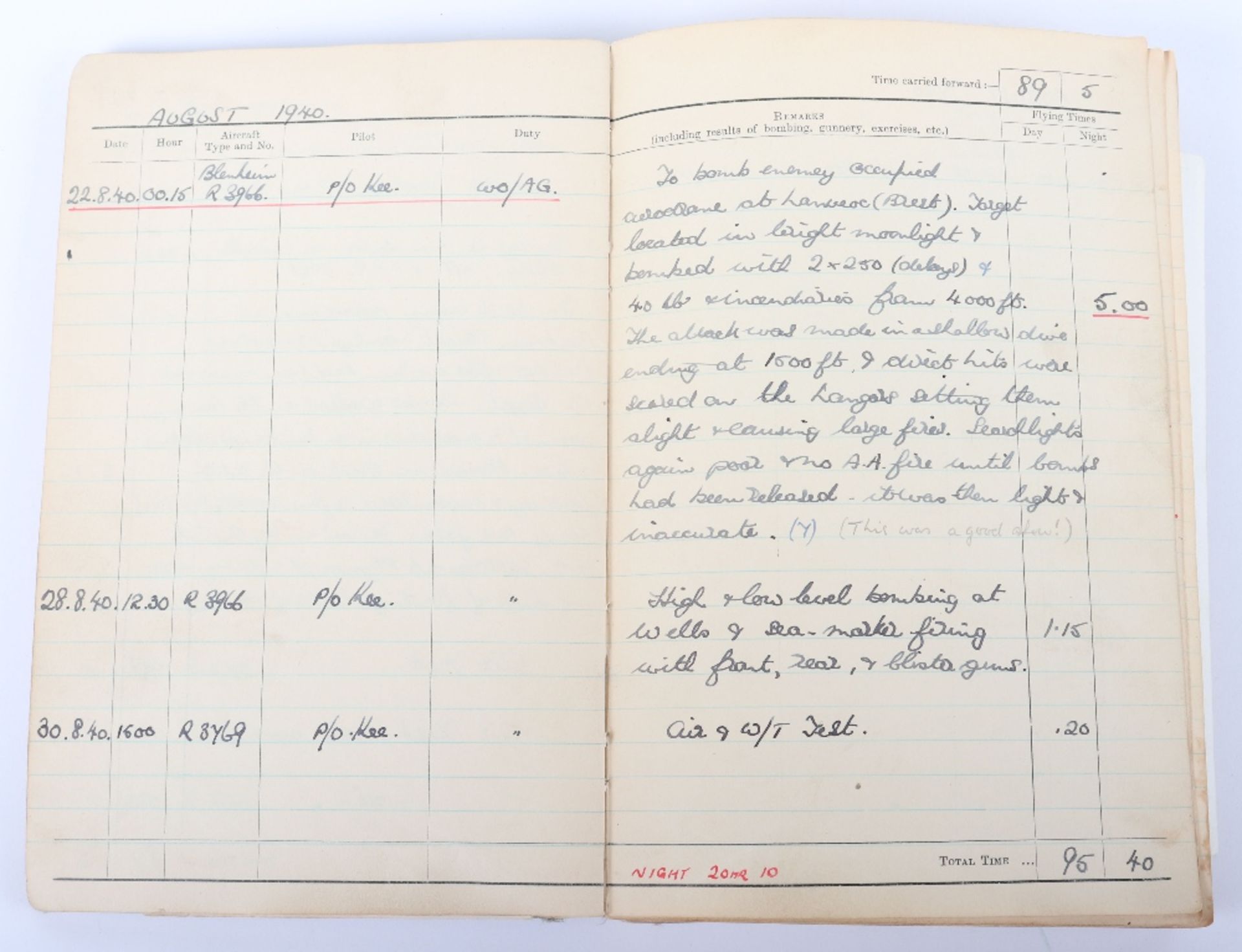 Royal Air Force Log Book Grouping of Flight Lieutenant E C Cox Number 15 and 29 Squadrons RAF, Serve - Image 17 of 87