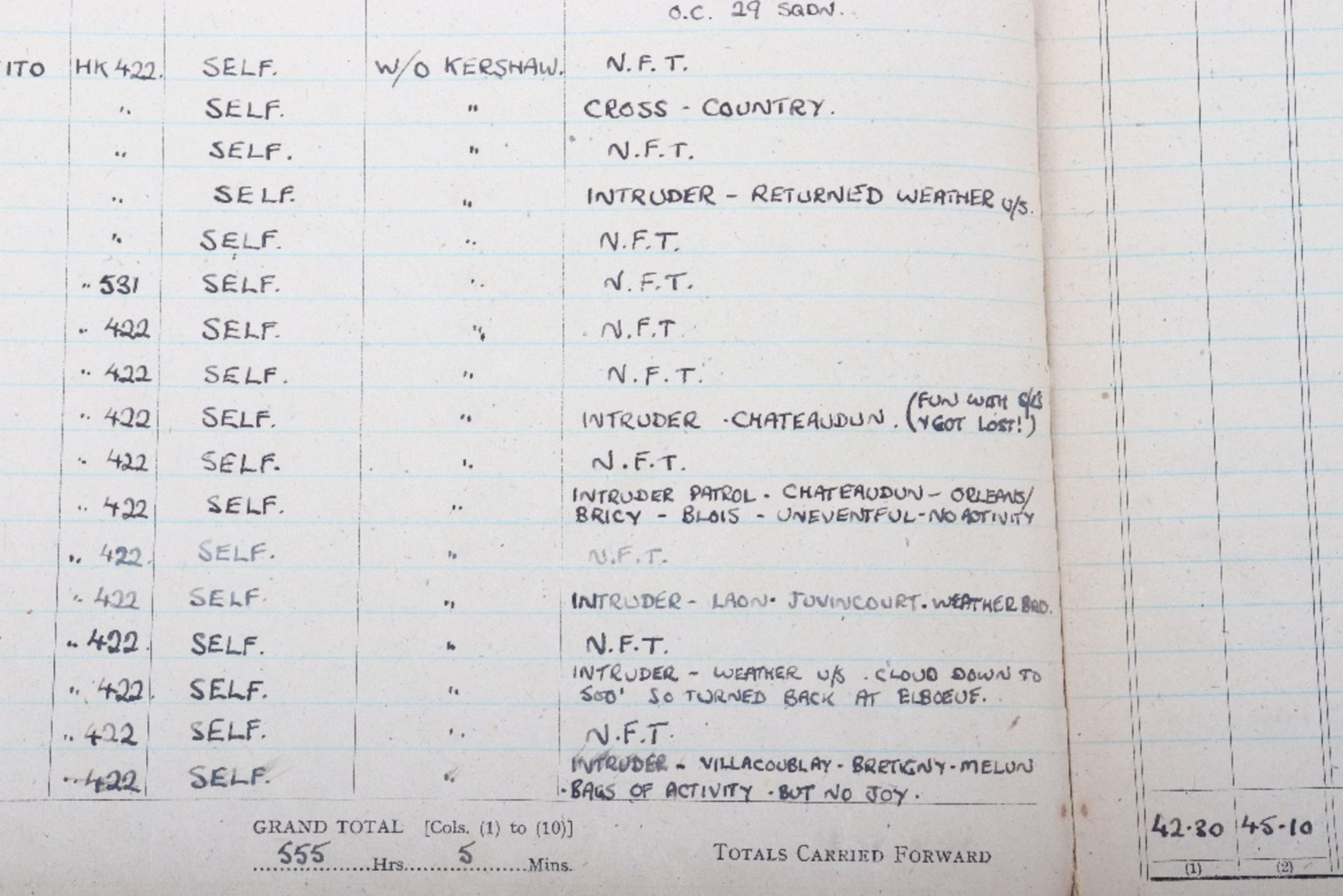 Royal Air Force Log Book Grouping of Flight Lieutenant E C Cox Number 15 and 29 Squadrons RAF, Serve - Image 78 of 87