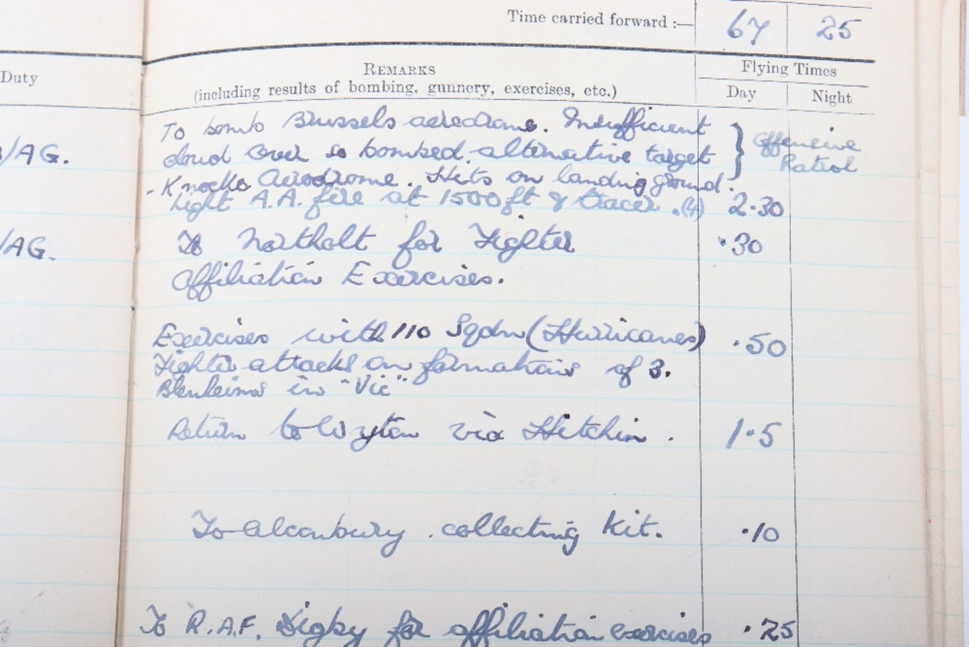 Royal Air Force Log Book Grouping of Flight Lieutenant E C Cox Number 15 and 29 Squadrons RAF, Serve - Image 14 of 87