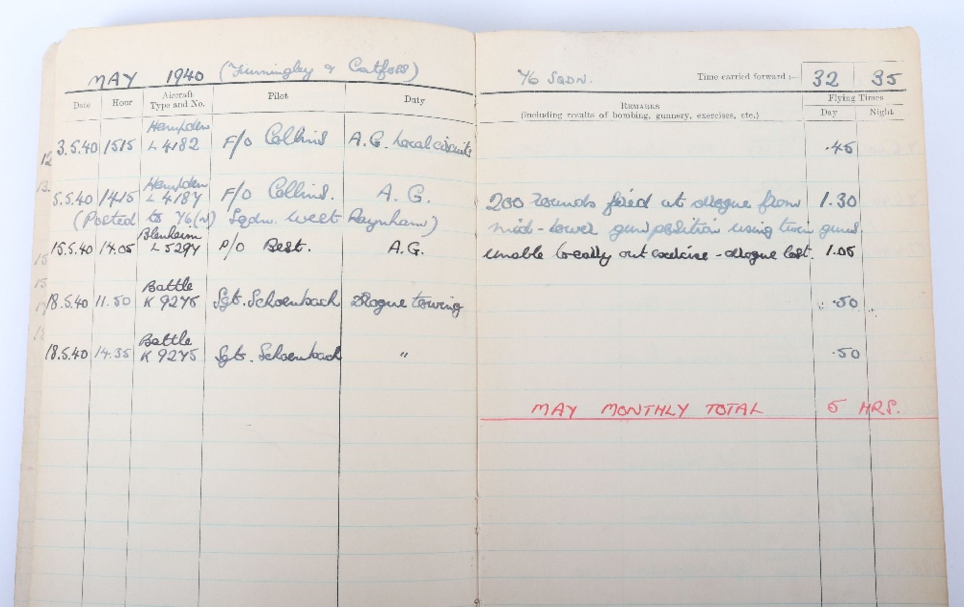 Royal Air Force Log Book Grouping of Flight Lieutenant E C Cox Number 15 and 29 Squadrons RAF, Serve - Image 8 of 87