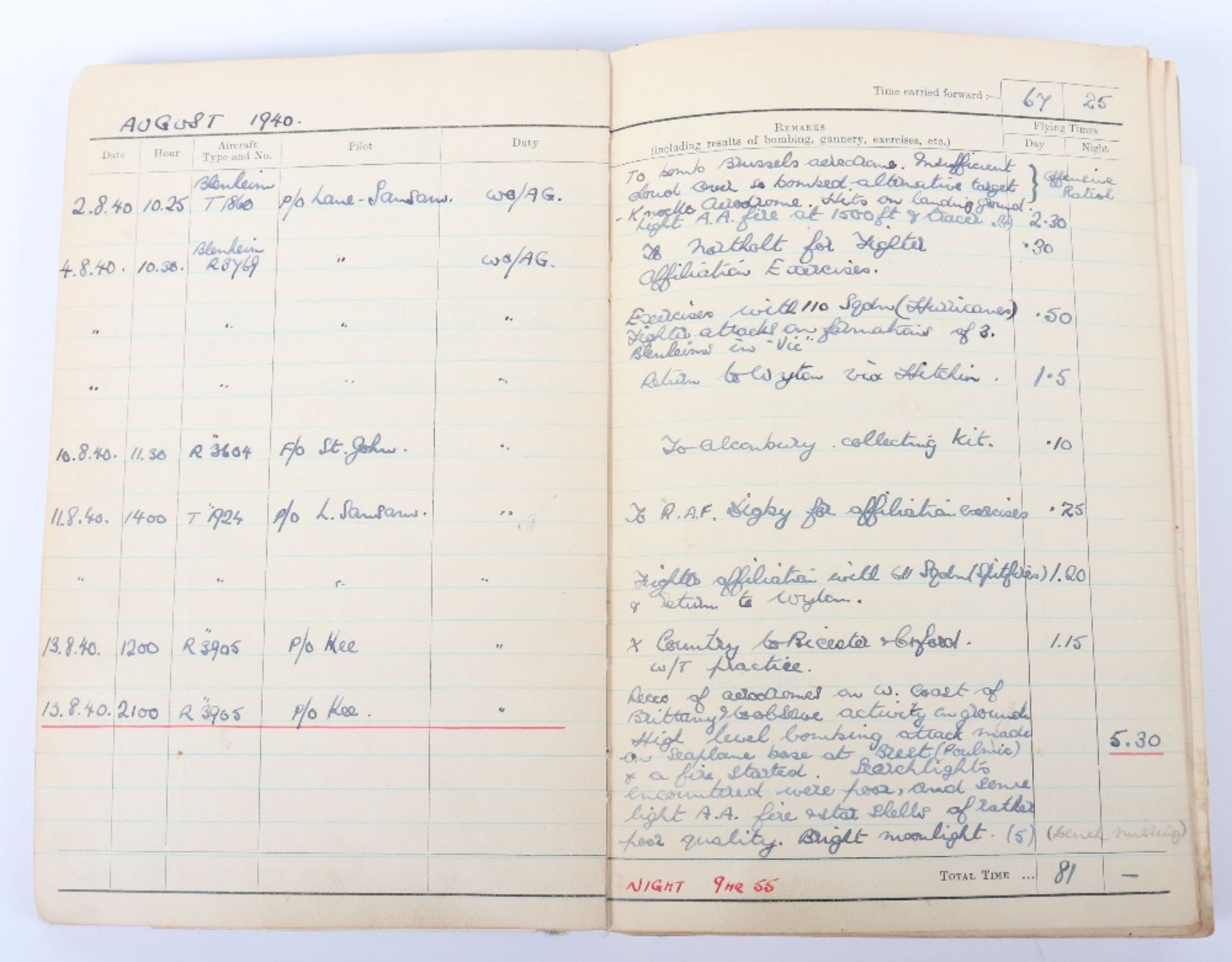 Royal Air Force Log Book Grouping of Flight Lieutenant E C Cox Number 15 and 29 Squadrons RAF, Serve - Image 12 of 87