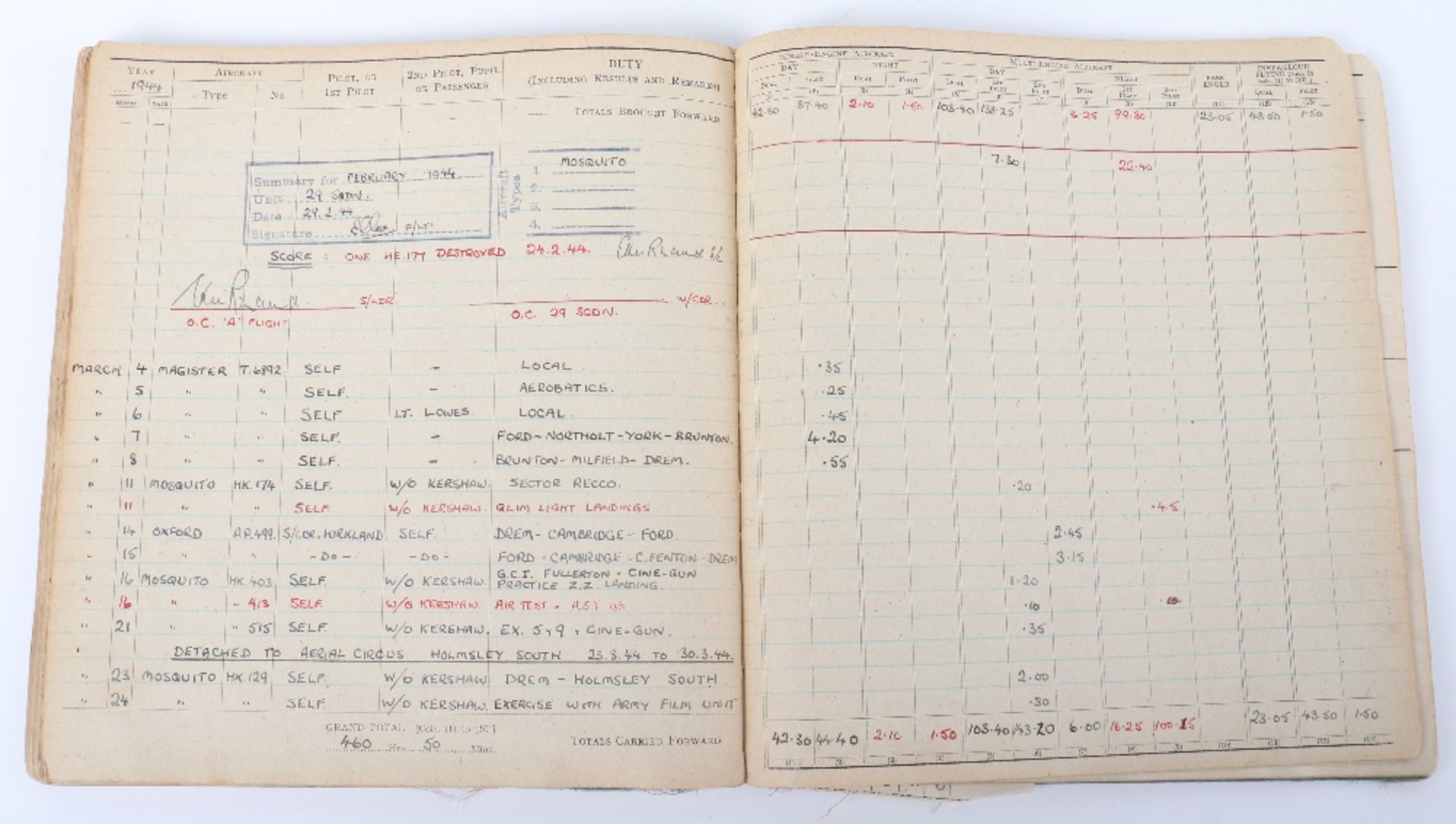 Royal Air Force Log Book Grouping of Flight Lieutenant E C Cox Number 15 and 29 Squadrons RAF, Serve - Image 70 of 87