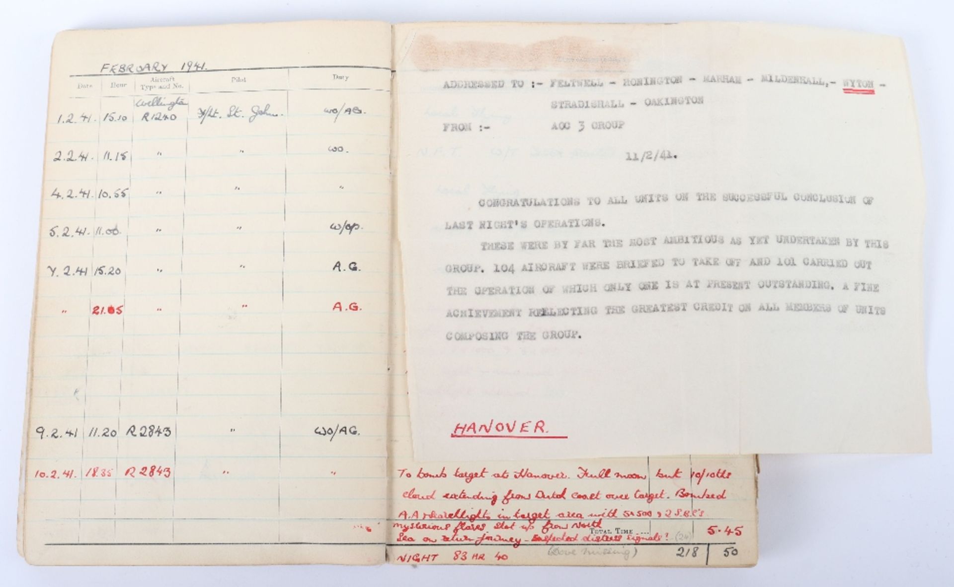 Royal Air Force Log Book Grouping of Flight Lieutenant E C Cox Number 15 and 29 Squadrons RAF, Serve - Image 33 of 87