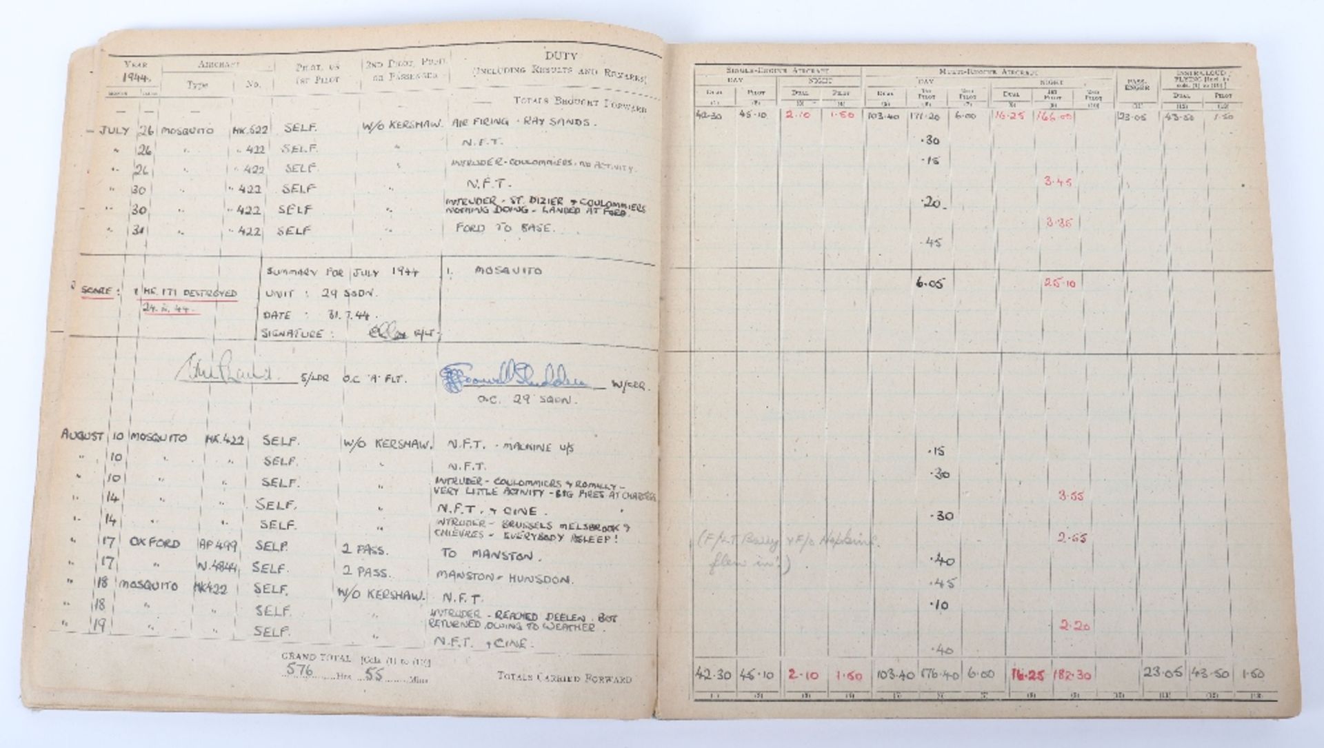 Royal Air Force Log Book Grouping of Flight Lieutenant E C Cox Number 15 and 29 Squadrons RAF, Serve - Bild 79 aus 87