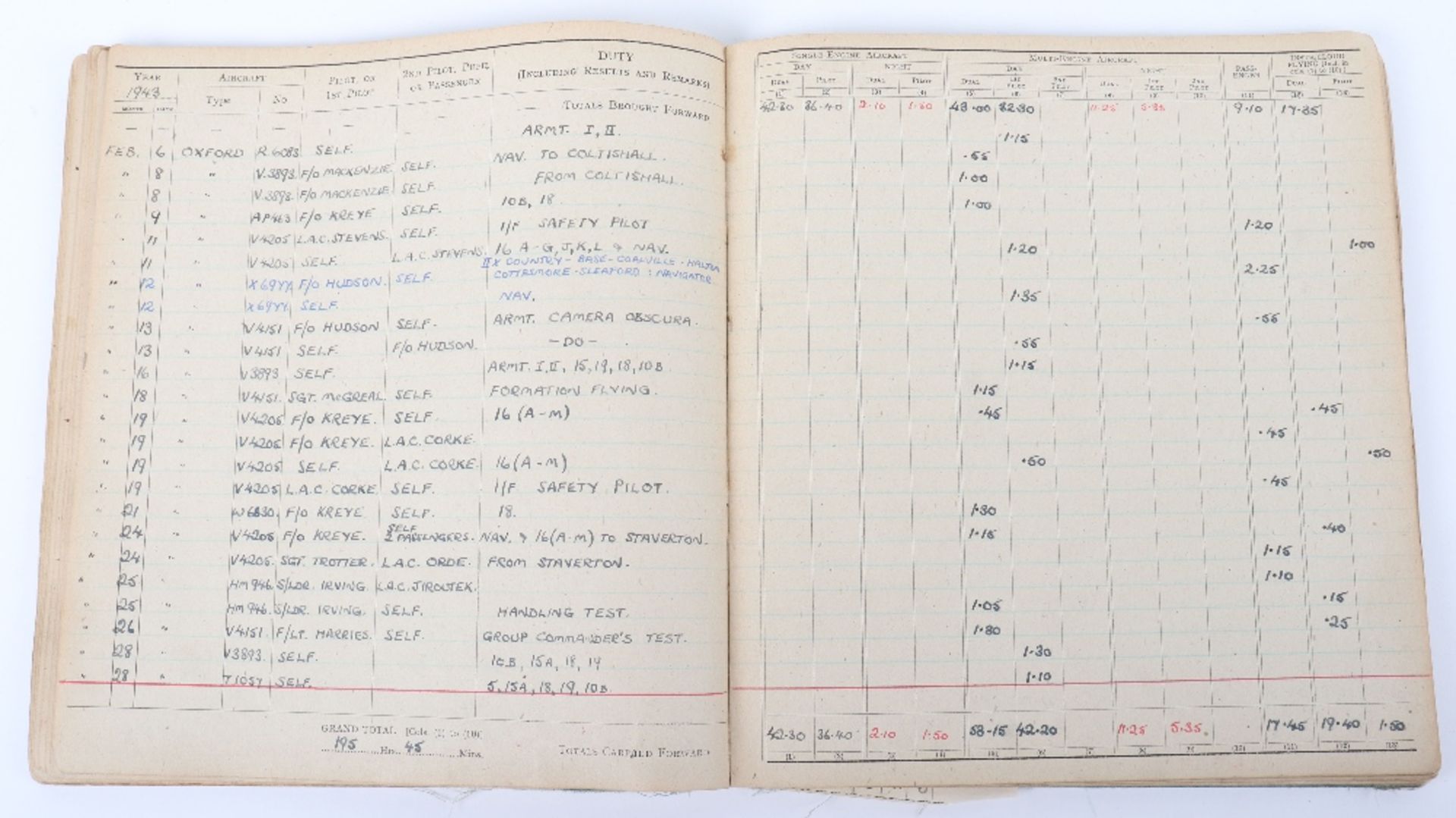 Royal Air Force Log Book Grouping of Flight Lieutenant E C Cox Number 15 and 29 Squadrons RAF, Serve - Image 55 of 87