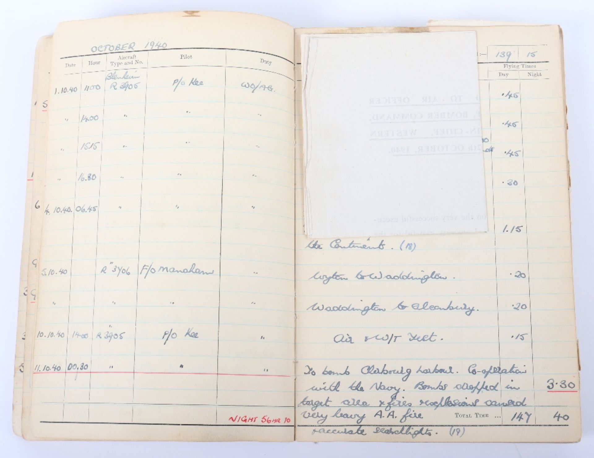 Royal Air Force Log Book Grouping of Flight Lieutenant E C Cox Number 15 and 29 Squadrons RAF, Serve - Image 31 of 87