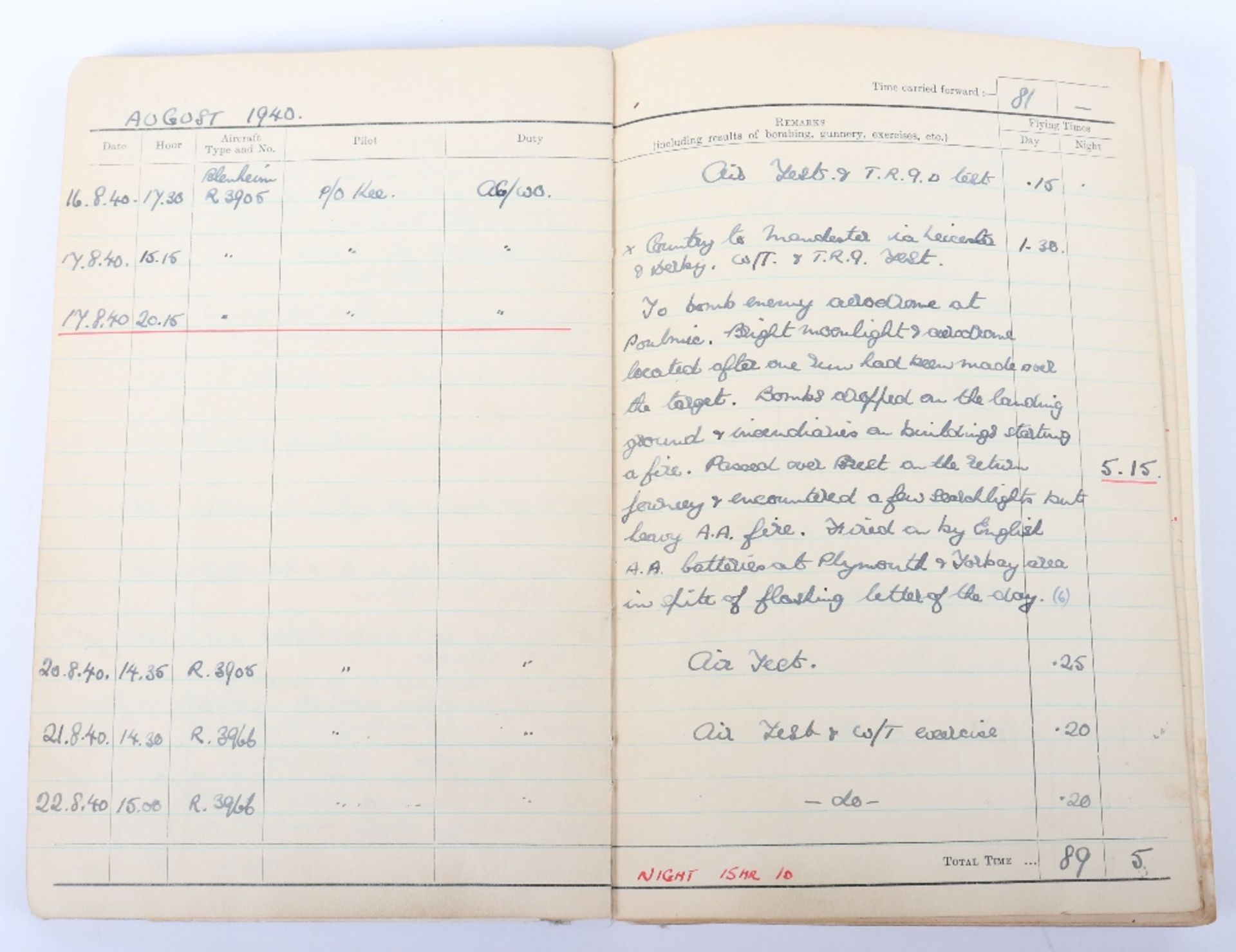Royal Air Force Log Book Grouping of Flight Lieutenant E C Cox Number 15 and 29 Squadrons RAF, Serve - Image 15 of 87