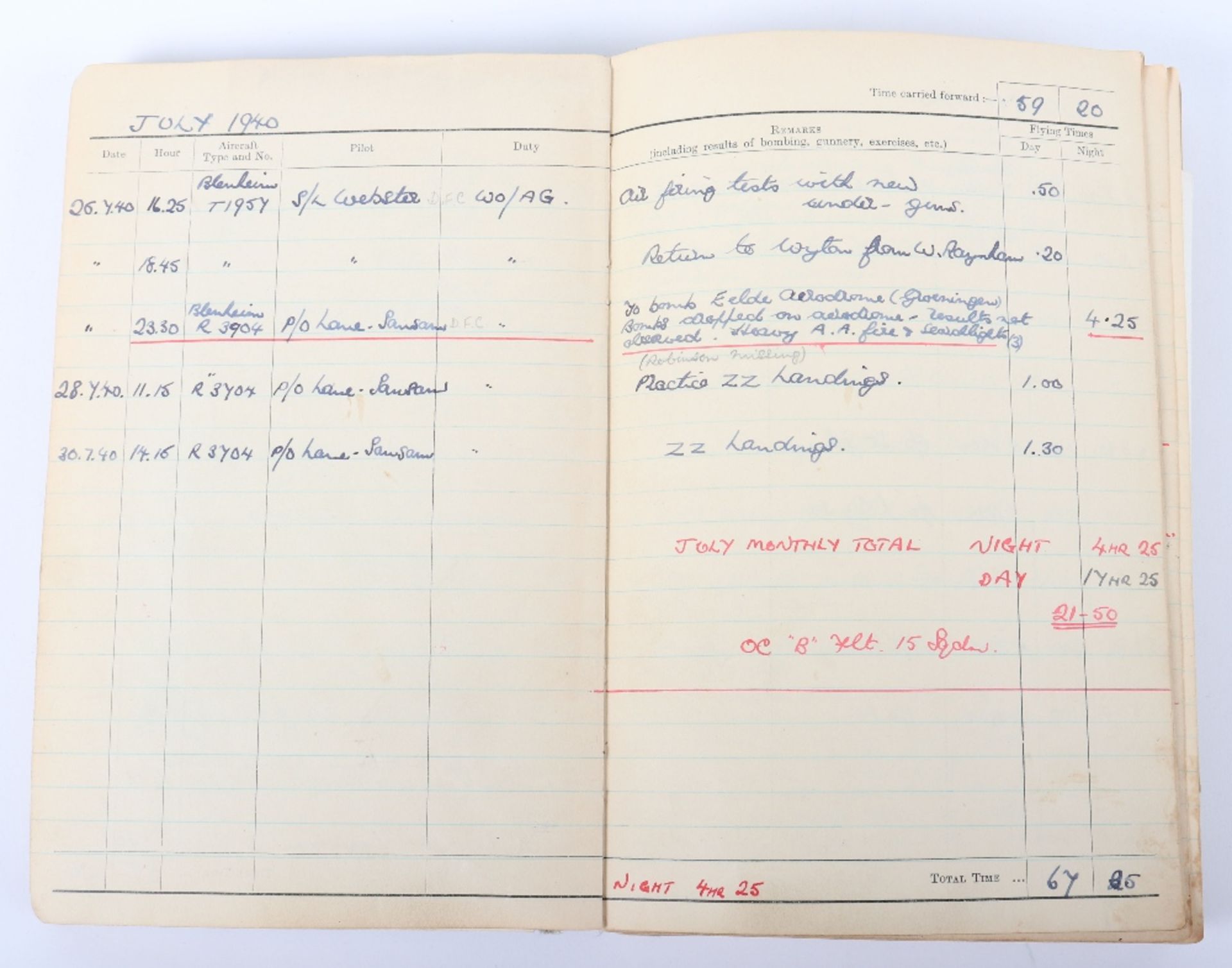 Royal Air Force Log Book Grouping of Flight Lieutenant E C Cox Number 15 and 29 Squadrons RAF, Serve - Image 10 of 87