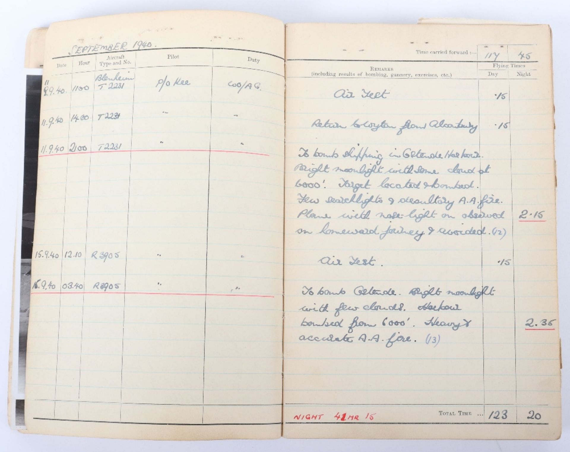 Royal Air Force Log Book Grouping of Flight Lieutenant E C Cox Number 15 and 29 Squadrons RAF, Serve - Image 28 of 87