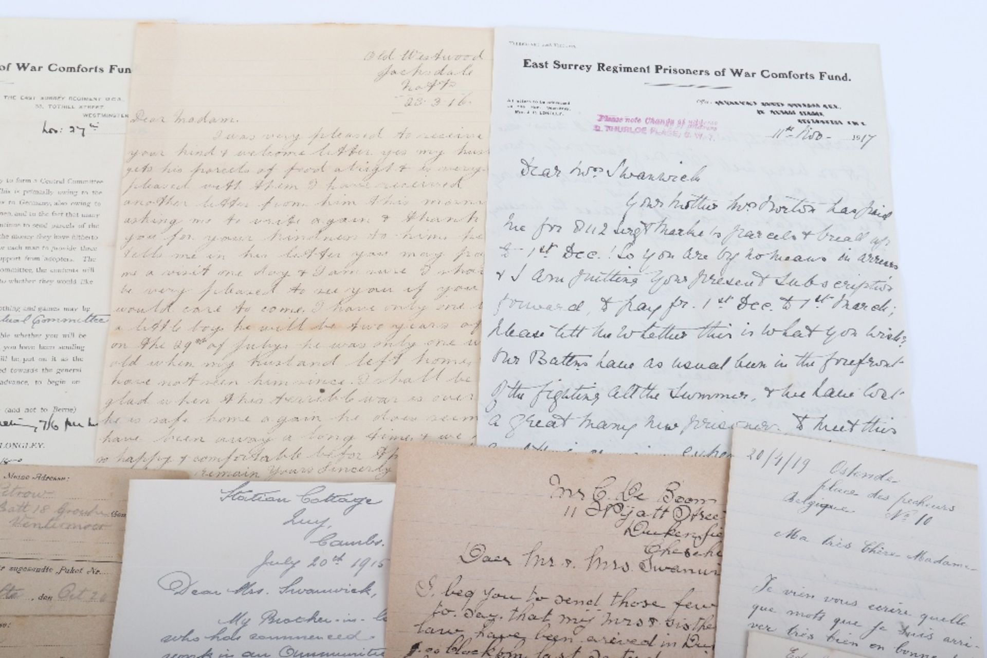 Archive of Letters etc. to a Mrs E. Swanick of Chesterfield who Supported POW's and Refugees in WWI - Image 7 of 12