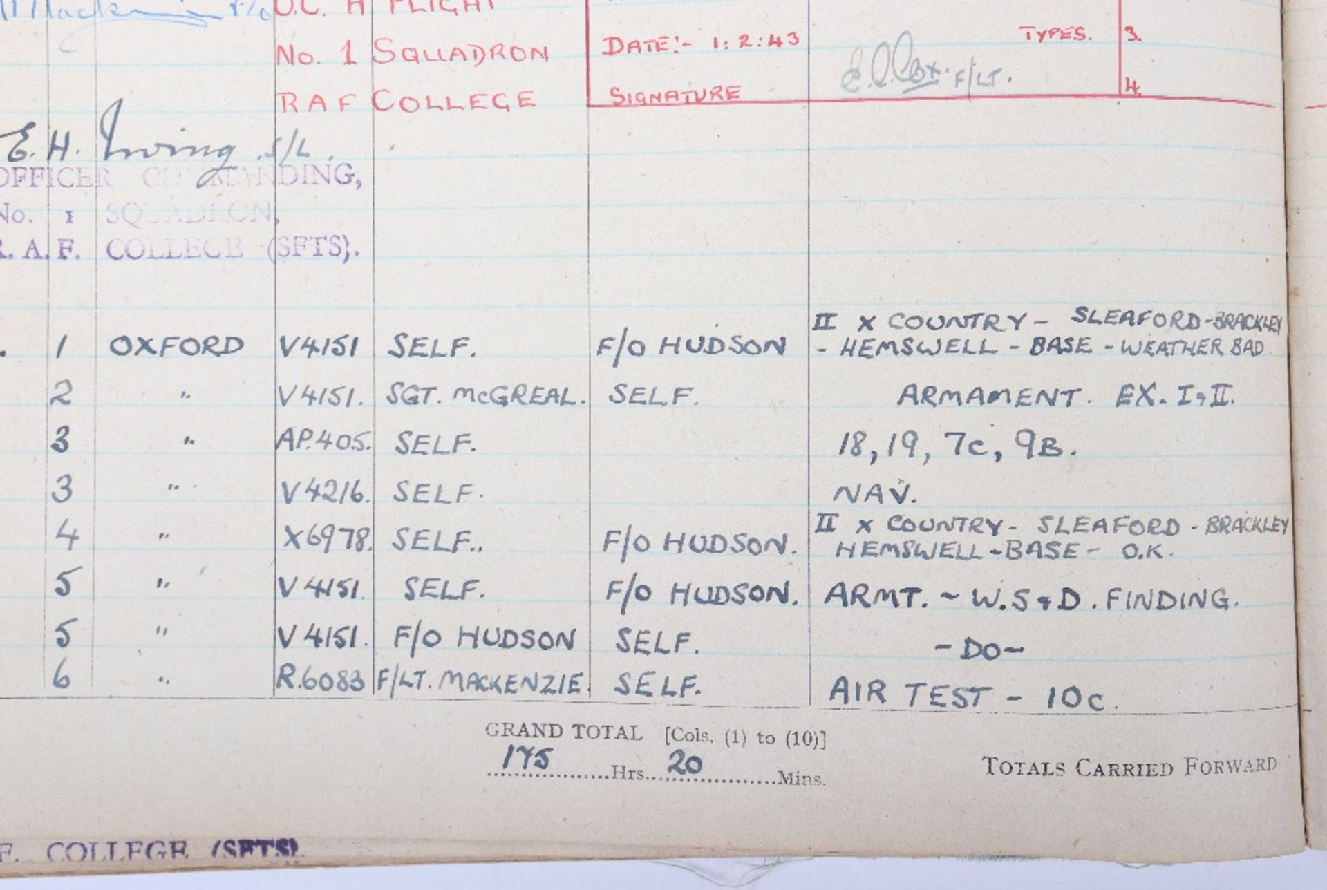 Royal Air Force Log Book Grouping of Flight Lieutenant E C Cox Number 15 and 29 Squadrons RAF, Serve - Image 54 of 87