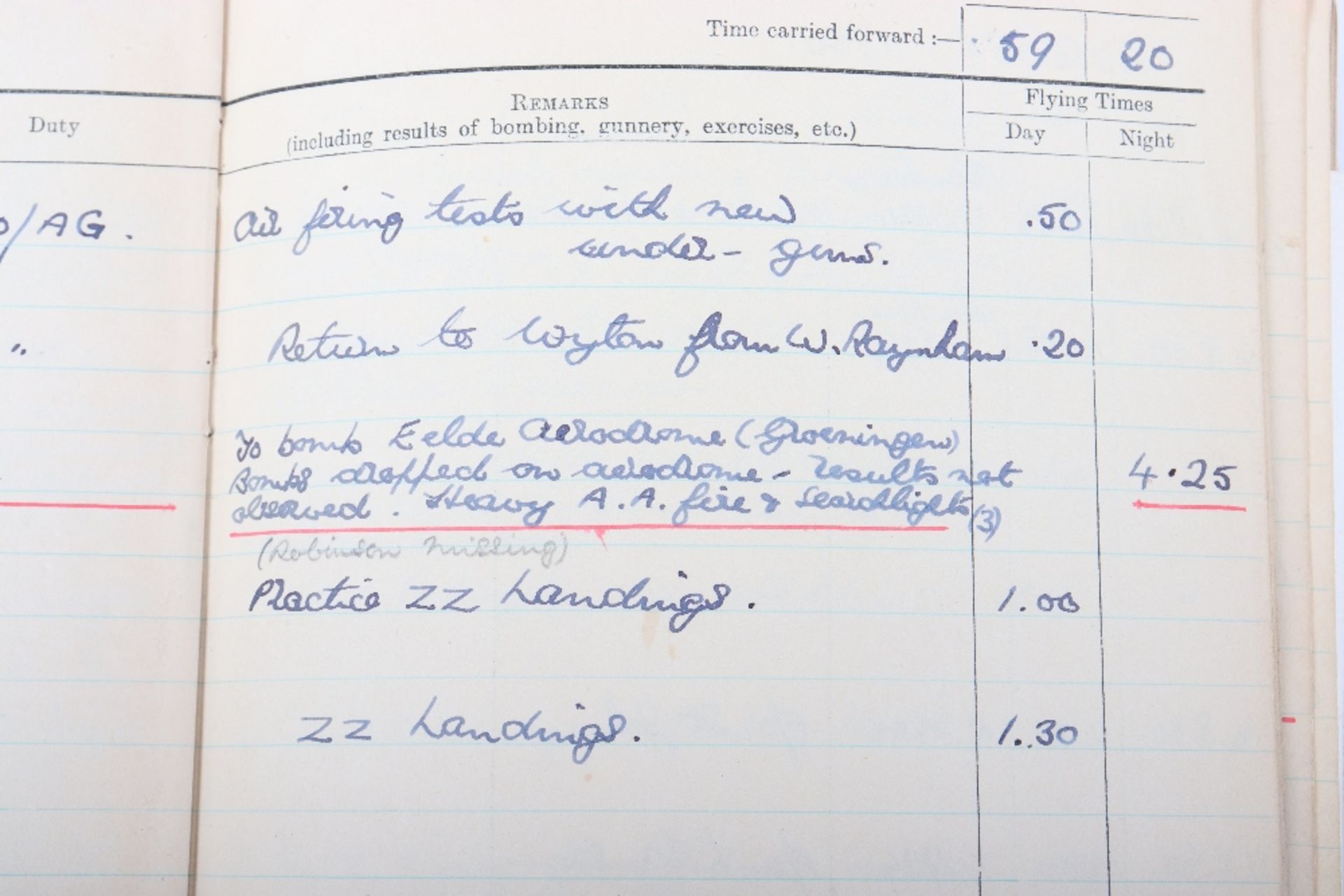 Royal Air Force Log Book Grouping of Flight Lieutenant E C Cox Number 15 and 29 Squadrons RAF, Serve - Image 11 of 87