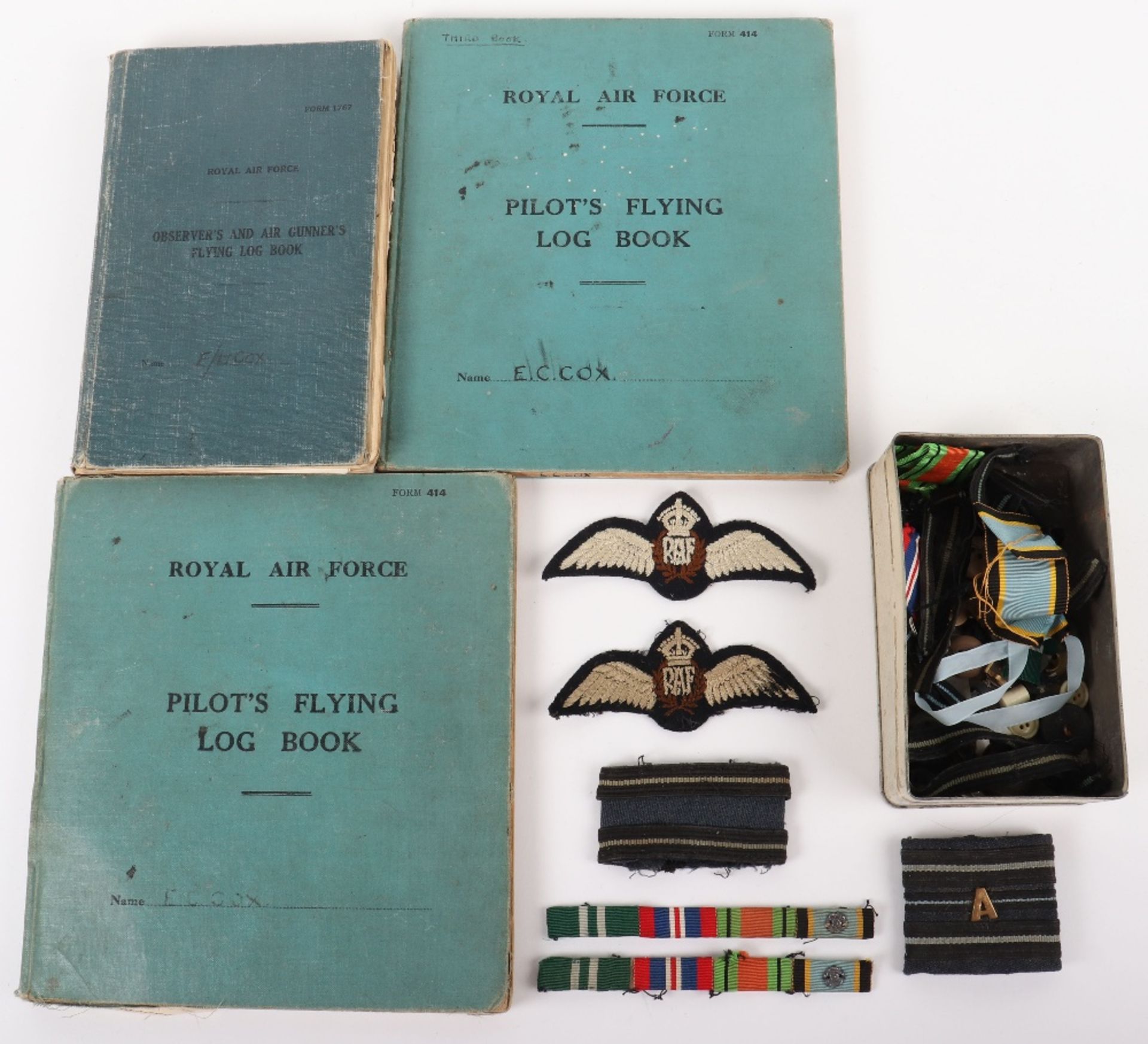 Royal Air Force Log Book Grouping of Flight Lieutenant E C Cox Number 15 and 29 Squadrons RAF, Serve