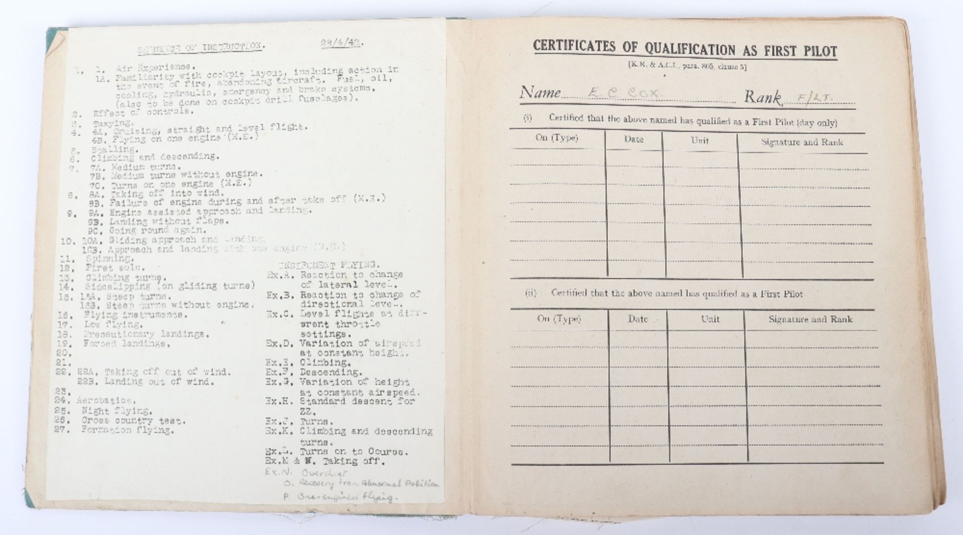 Royal Air Force Log Book Grouping of Flight Lieutenant E C Cox Number 15 and 29 Squadrons RAF, Serve - Image 40 of 87