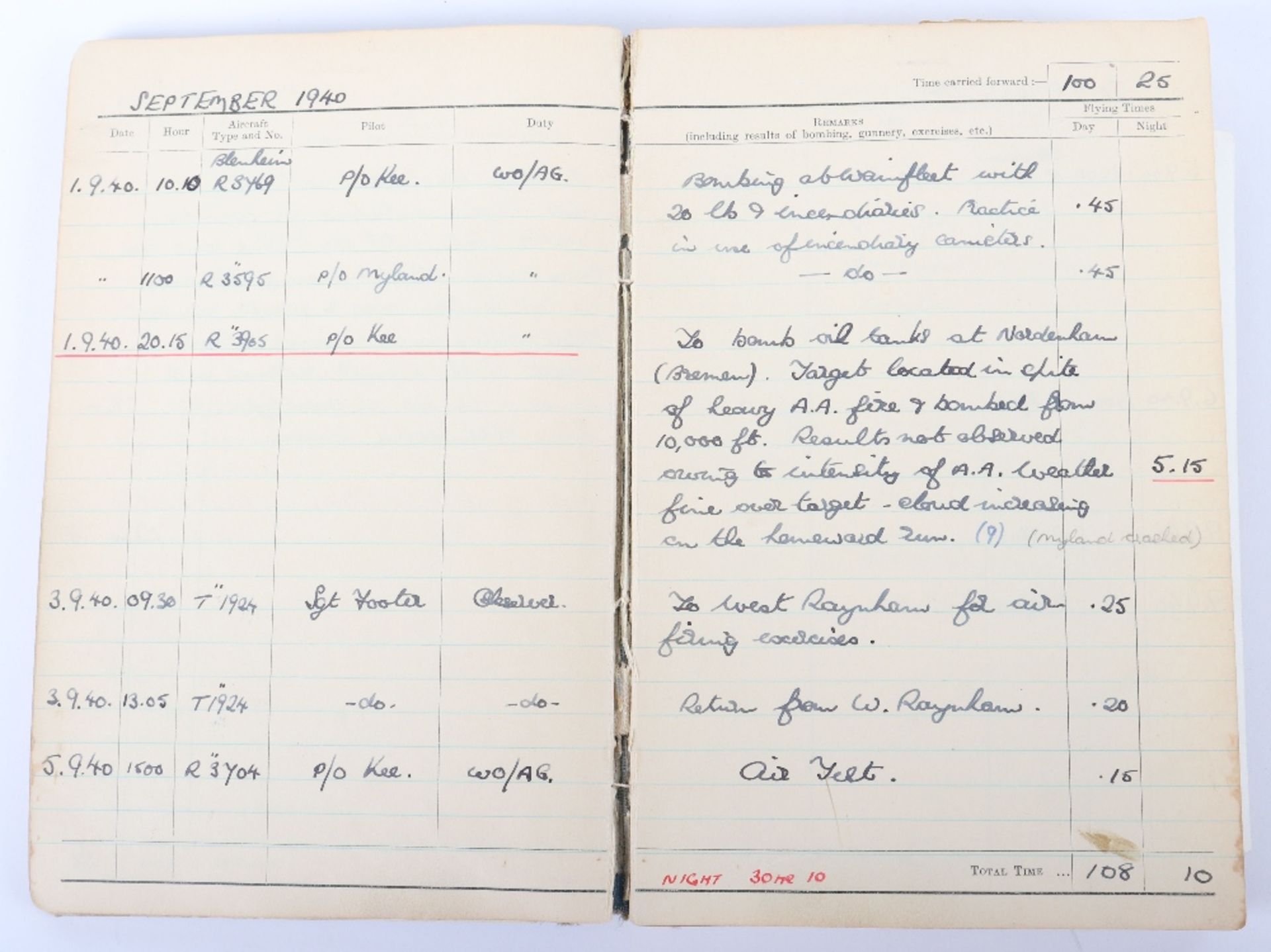 Royal Air Force Log Book Grouping of Flight Lieutenant E C Cox Number 15 and 29 Squadrons RAF, Serve - Image 22 of 87