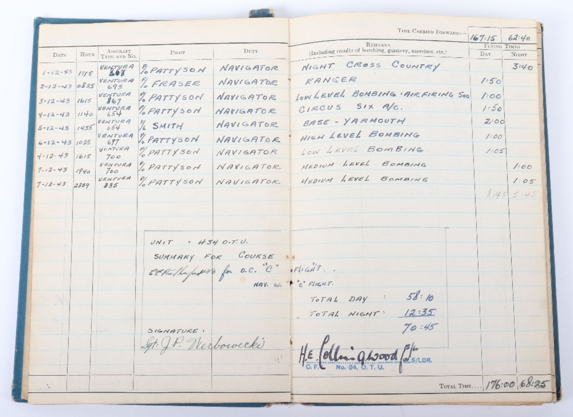 Interesting Royal Canadian Air Force Flying Log book of J.P. Werbowecki Navigator in Mitchell's with - Image 6 of 14