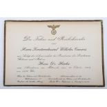Extremely Rare Invitation Card to Admiral Wilhelm Canaris to Attend a Reception for the President of