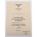Luftwaffe Honour Goblet Citation to Fighter Ace and Knights Cross with Oak Leaves Winner Helmut Lipf