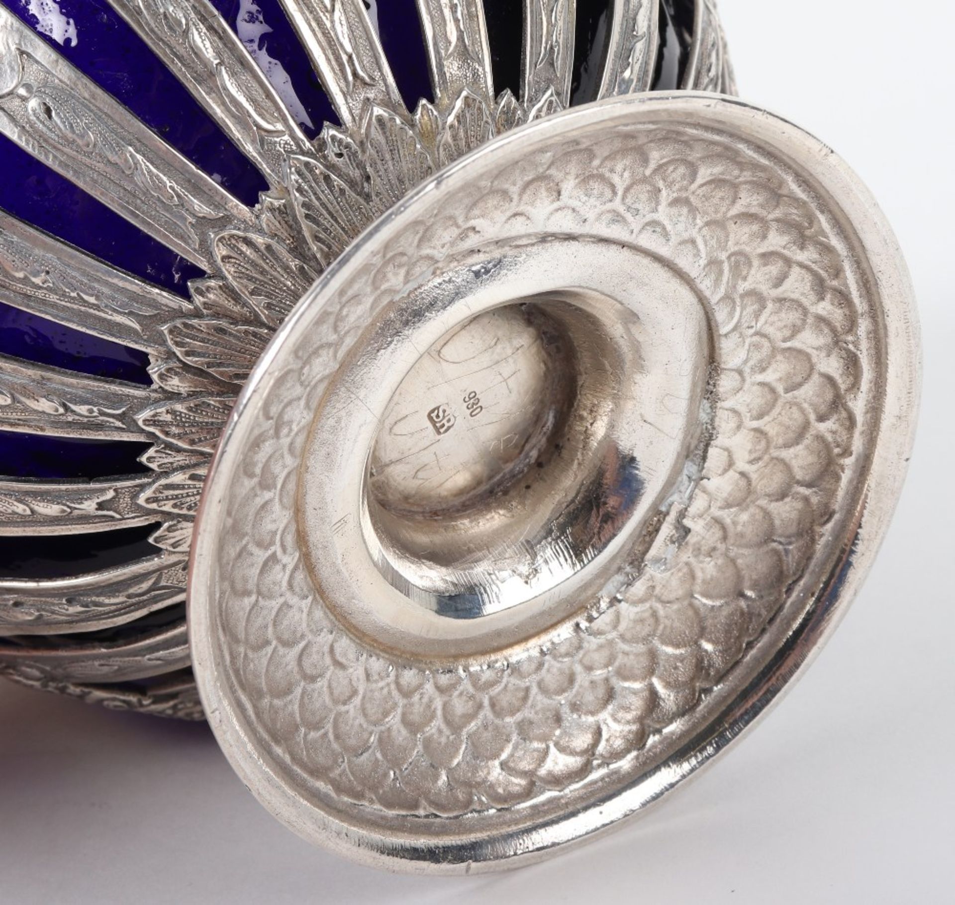 An unusual early 20th century silver and glass sugar bowl marked 930 to base, London 1902, John Geor - Bild 6 aus 11