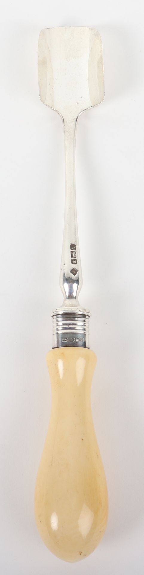 ^An early 20th century silver and ivory stilton/marrow scoop, Sheffield 1907