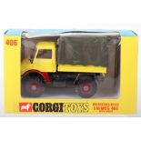 Corgi Toys 406 Mercedes-Benz Unimog 406 With Canopy,yellow/red body, red interior, olive detachable