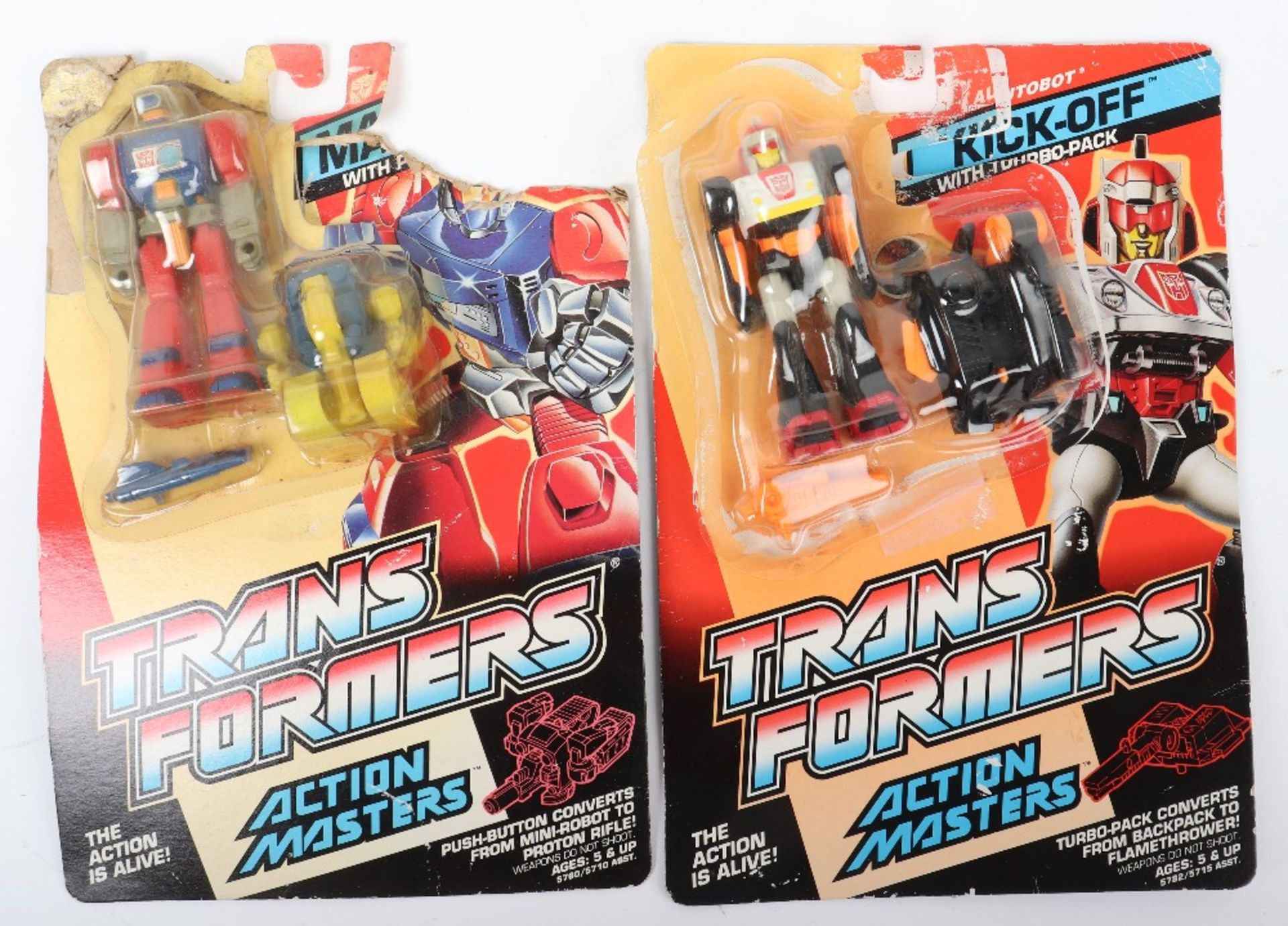 Vintage Hasbro Transformers G1 Action Masters Kick-off and Mainframe carded figures