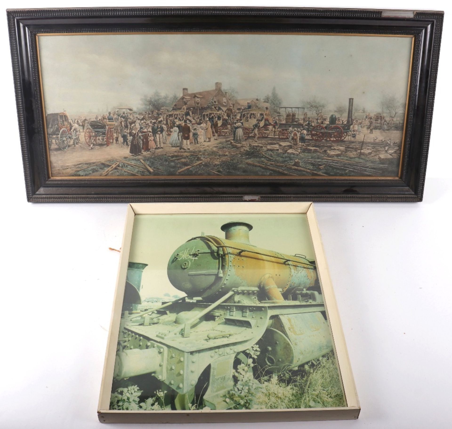 A framed print of an 18th century scene of steam locomotive and carriages in rural scene