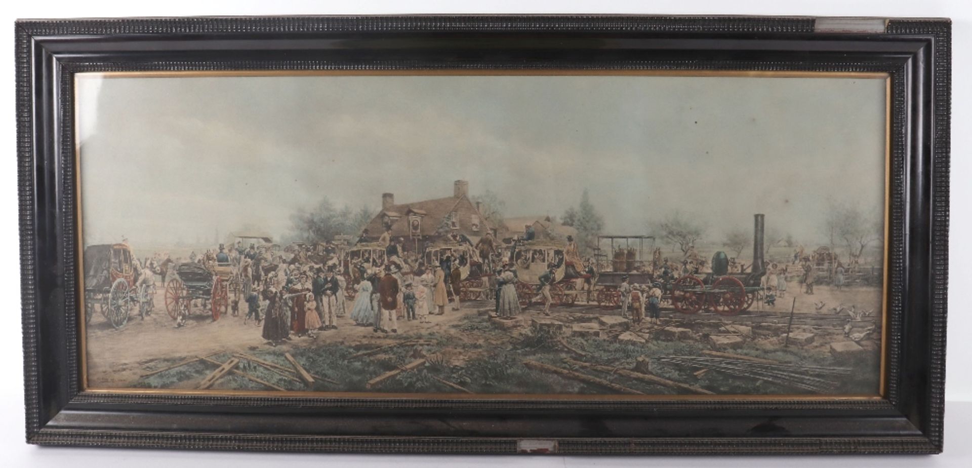 A framed print of an 18th century scene of steam locomotive and carriages in rural scene - Image 2 of 5