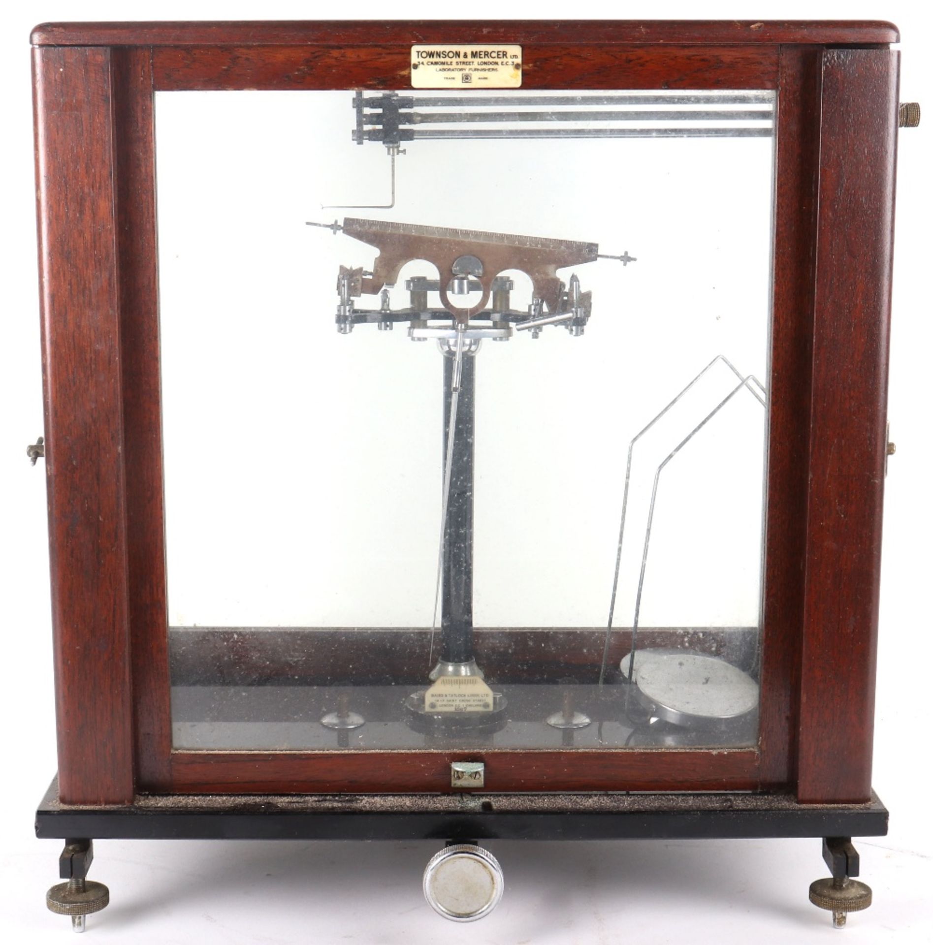 A Townson & Mercer set of scales, in glass, oak and mahogany case