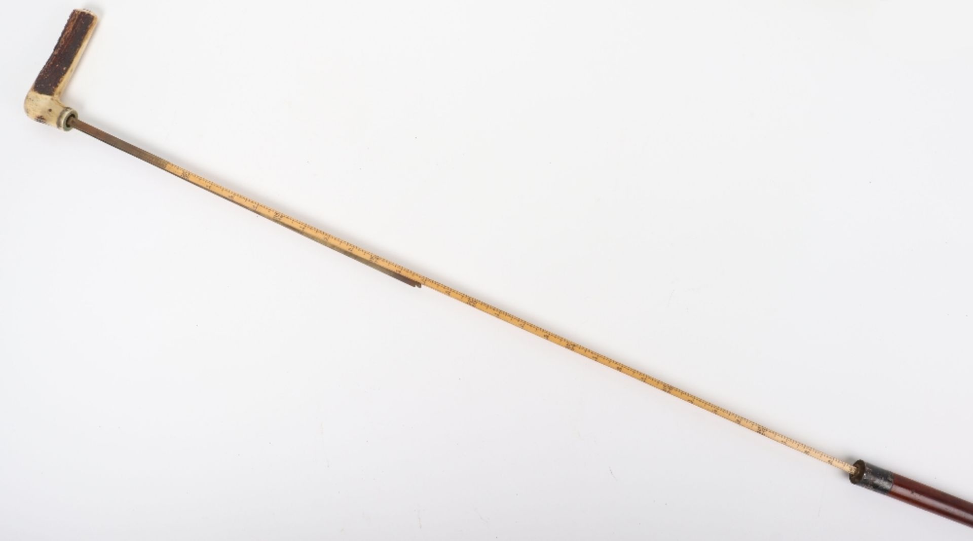 An Edwardian walking stick with spirit level (lacking liquid) and scaled ruler, with horn handle - Image 6 of 14