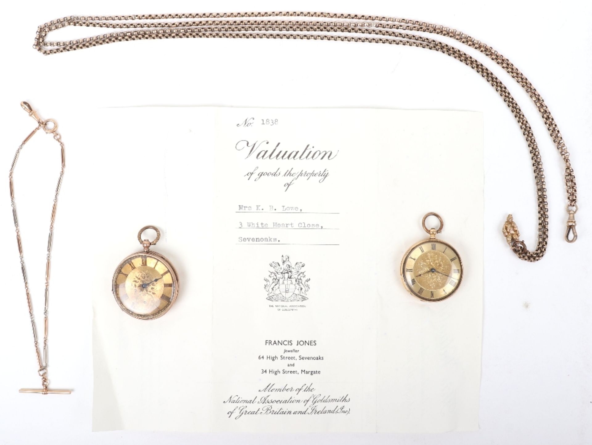 A ladies 18ct gold pocket watch, 34.18g, with a ladies 9ct gold pocket watch, 43.15g, with two 9ct g