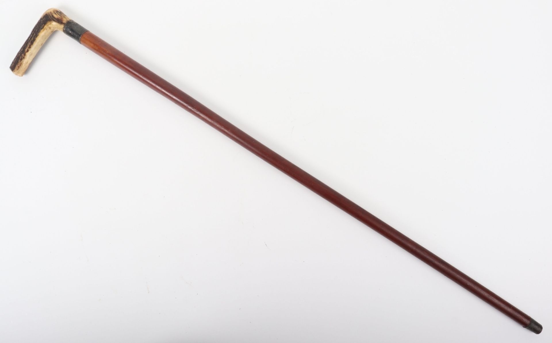 An Edwardian walking stick with spirit level (lacking liquid) and scaled ruler, with horn handle