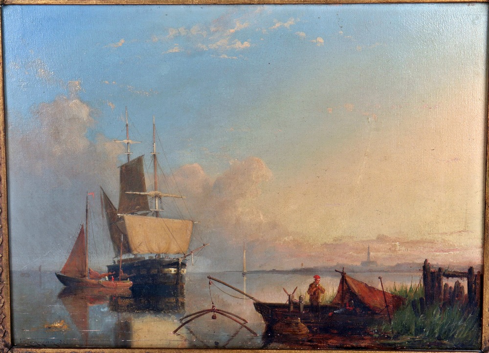 William Raymond Dommersen, Dutch 1859-1927, Shipping Off Schiedam, oil on canvas