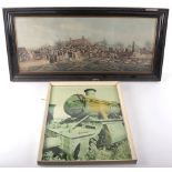 A framed print of an 18th century scene of steam locomotive and carriages in rural scene